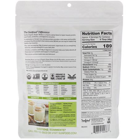 Sunfood, Protein + Superfoods, Organic Super Shake, Vanilla, 8 oz (227 g):البر,تين النباتي, المصنع