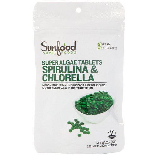 Sunfood, Spirulina & Chlorella, Super Algae Tablets, 250 mg, 228 Tablets فوائد