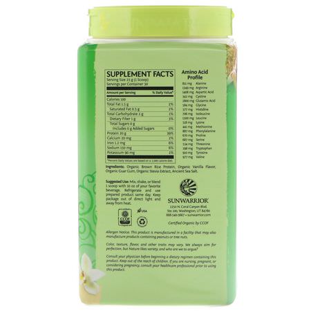Sunwarrior, Classic Protein, Organic Plant-Based, Vanilla, 1.65 lb (750 g):بر,تين الأرز, البر,تين النباتي