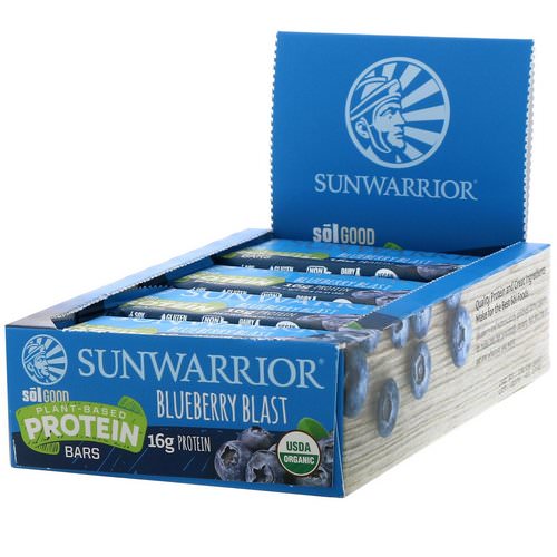 Sunwarrior, Sol Good, Plant-Based Protein Bars, Blueberry Blast, 12 Bars, 2.11 oz (60 g) Each فوائد