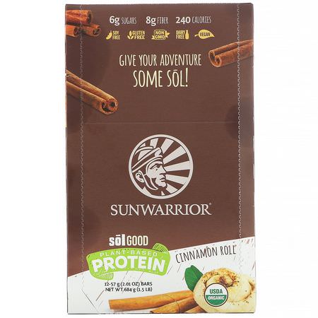 Sunwarrior, Sol Good, Plant-Based Protein Bars, Cinnamon Roll, 12 Bars, 2.01 oz (57 g) Each:أشرطة البر,تين النباتي, أشرطة البر,تين