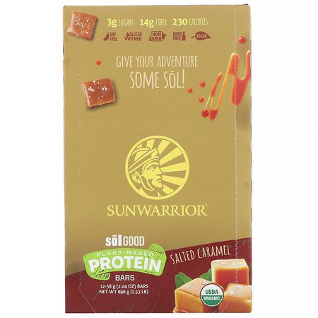 Sunwarrior, Sol Good, Plant-Based Protein Bars, Salted Caramel, 12 Bars, 2.04 oz (58 g) Each:أشرطة البر,تين النباتي, أشرطة البر,تين