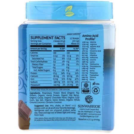 Sunwarrior, Warrior Blend Protein, Organic Plant-Based, Chocolate, 13.2 oz (375 g):البر,تين النباتي, المصنع