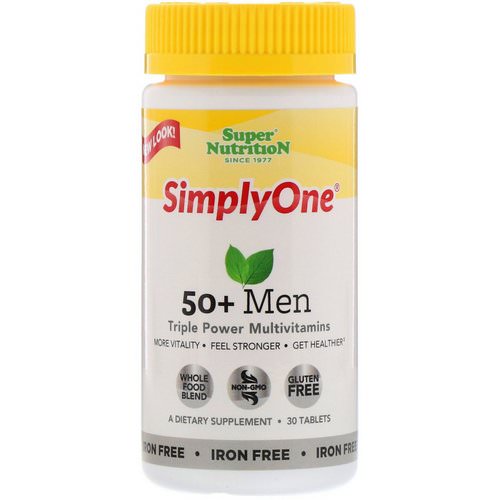 Super Nutrition, SimplyOne, 50+ Men, Triple Power Multivitamins, Iron Free, 30 Tablets فوائد