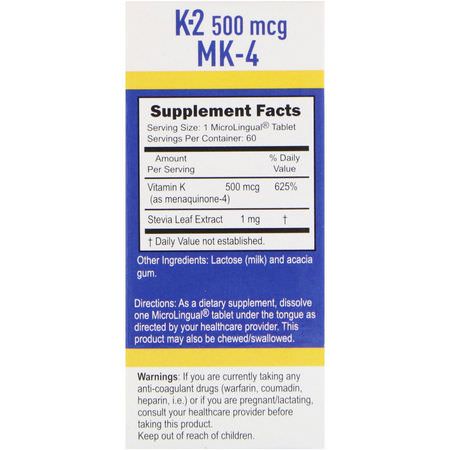 Superior Source, Vitamin K-2, 500 mcg, 60 MicroLingual Instant Dissolve Tablets:فيتامين K, الفيتامينات