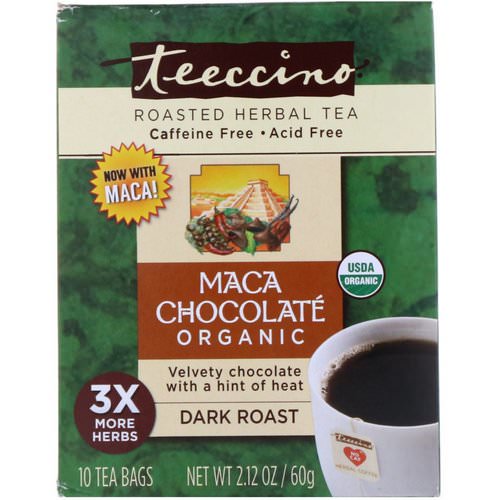 Teeccino, Organic Roasted Herbal Tea, Maca Chocolate, Dark Roast, Caffeine Free, 10 Tea Bags, 2.12 oz (60 g) فوائد