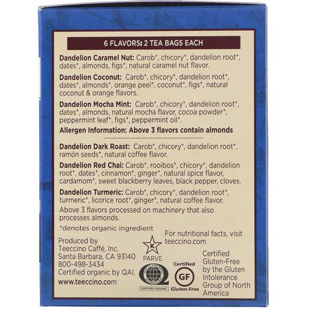 Teeccino, Roasted Herbal Tea, Dandelion Tea Sampler, 6 Flavors, Caffeine Free, 12 Tea Bags, 2.54 oz (72 g):شاي الأعشاب
