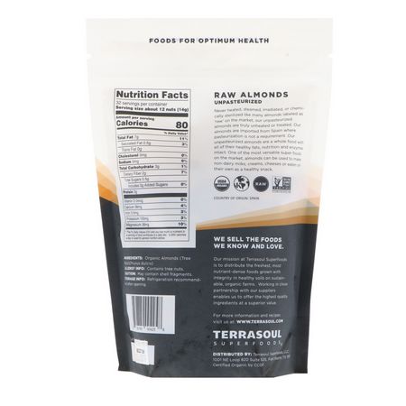 Terrasoul Superfoods, Raw Whole Almonds, Unpasteurized, 16 oz (454 g):الل,ز, البذ,ر