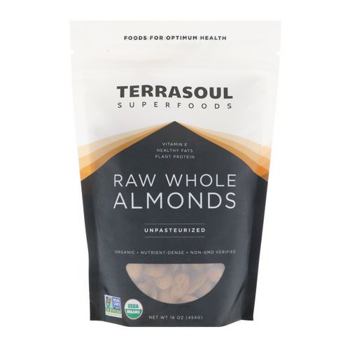 Terrasoul Superfoods, Raw Whole Almonds, Unpasteurized, 16 oz (454 g) فوائد