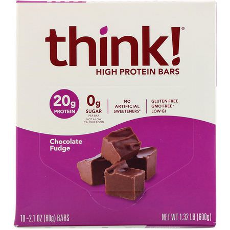 ThinkThin, High Protein Bars, Chocolate Fudge, 10 Bars, 2.1 oz (60 g) Each:أشرطة بر,تين مصل اللبن, أشرطة بر,تين الص,يا