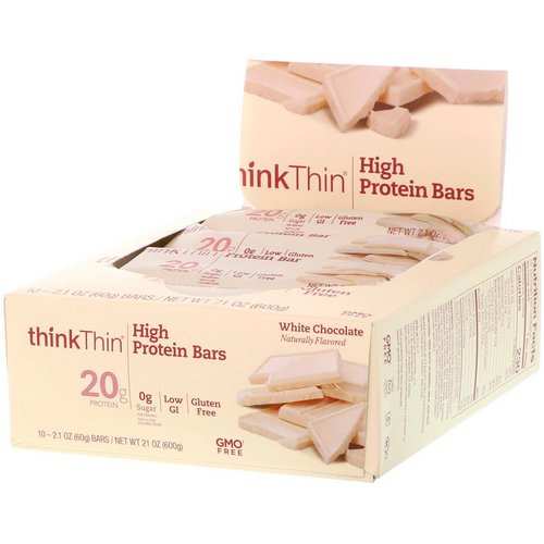 ThinkThin, High Protein Bars, White Chocolate, 10 Bars, 2.1 oz (60 g) Each فوائد