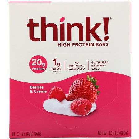 ThinkThin, High Protein Bars, Berries & Creme, 10 Bars, 2.1 oz (60 g) Each:أشرطة البر,تين, الكعك
