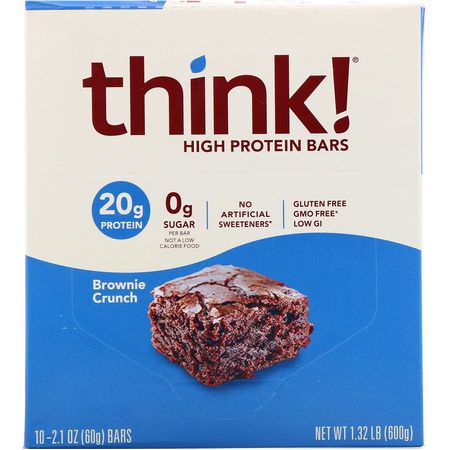 ThinkThin, High Protein Bars, Brownie Crunch, 10 Bars, 2.1 oz (60 g) Each:أشرطة بر,تين مصل, أل,اح بر,تين الص,يا