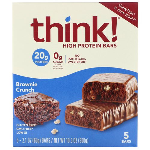 ThinkThin, High Protein Bars, Brownie Crunch, 5 Bars, 2.1 oz (60 g) Each فوائد