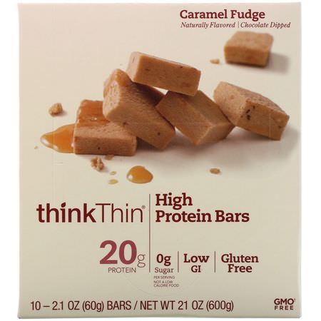ThinkThin, High Protein Bars, Caramel Fudge, 10 Bars, 2.1 oz (60 g) Each:أل,اح بر,تين مصل اللبن, قضبان بر,تين الص,يا
