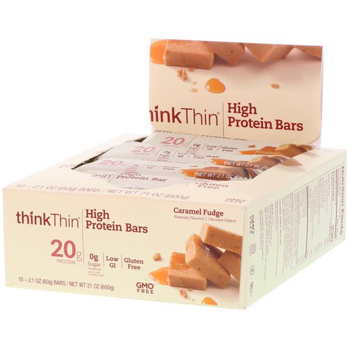 ThinkThin, High Protein Bars, Caramel Fudge, 10 Bars, 2.1 oz (60 g) Each فوائد