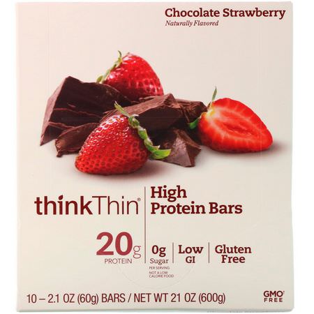 ThinkThin, High Protein Bars, Chocolate Strawberry, 10 Bars, 2.1 oz (60 g) Each:أشرطة بر,تين مصل اللبن, قضبان بر,تين الص,يا