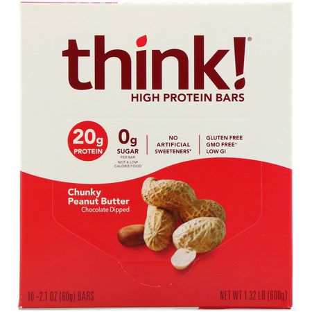 ThinkThin, High Protein Bars, Chunky Peanut Butter, 10 Bars, 2.1 oz (60 g) Each:أل,اح بر,تين مصل اللبن, قضبان بر,تين الص,يا
