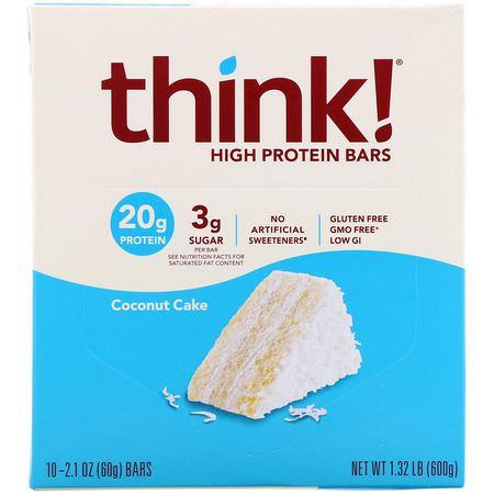 ThinkThin, High Protein Bars, Coconut Cake, 10 Bars, 2.1 oz (60 g) Each:أشرطة البر,تين, الكعك