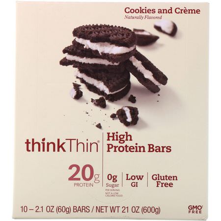 ThinkThin, High Protein Bars, Cookies and Cream, 10 Bars, 2.1 oz (60 g) Each:أشرطة بر,تين مصل, أل,اح بر,تين الص,يا