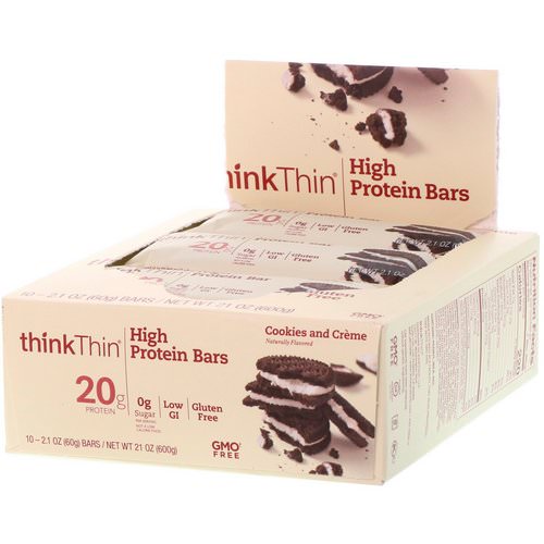 ThinkThin, High Protein Bars, Cookies and Cream, 10 Bars, 2.1 oz (60 g) Each فوائد