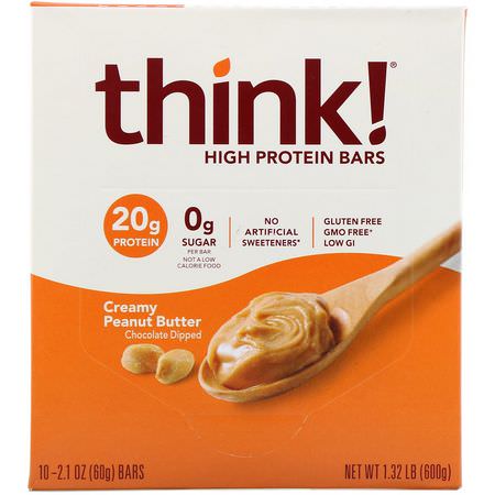 ThinkThin, High Protein Bars, Creamy Peanut Butter, 10 Bars, 2.1 oz (60 g) Each:أشرطة بر,تين مصل اللبن, أشرطة بر,تين الص,يا