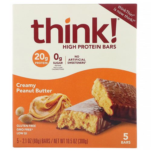 ThinkThin, High Protein Bars, Creamy Peanut Butter, 5 Bars, 2.1 oz (60 g) Each فوائد