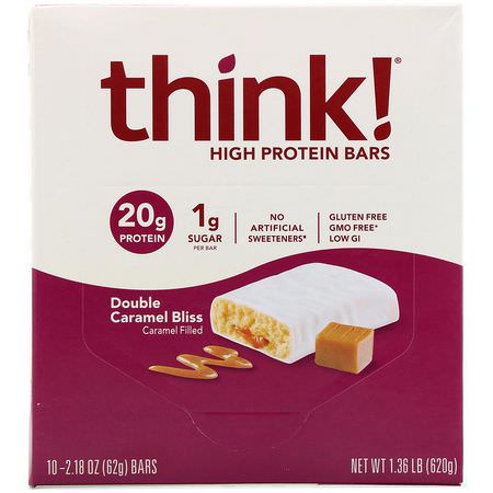 ThinkThin, High Protein Bars, Double Caramel Bliss, 10 Bars, 2.18 oz (62 g) Each:حانات البر,تين, الكعك