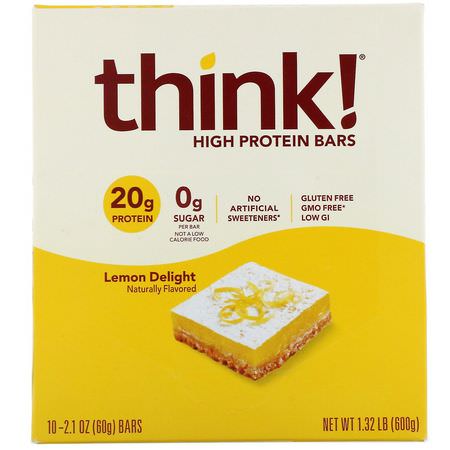 ThinkThin, High Protein Bars, Lemon Delight, 10 Bars, 2.1 oz (60 g) Each:أشرطة بر,تين الص,يا, أشرطة بر,تين مصل الحليب