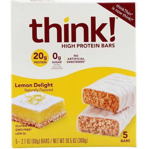 ThinkThin, High Protein Bars, Lemon Delight, 5 Bars, 2.1 oz (60 g) Each فوائد