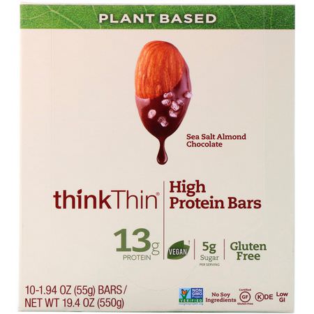 ThinkThin, High Protein Bars, Sea Salt Almond Chocolate, 10 Bars, 1.94 oz (55 g) Each:أشرطة البر,تين النباتي, أشرطة البر,تين
