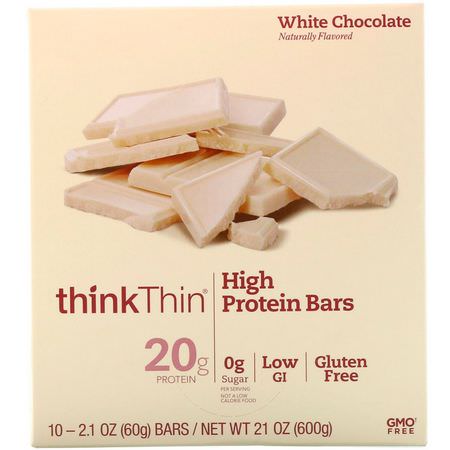 ThinkThin, High Protein Bars, White Chocolate, 10 Bars, 2.1 oz (60 g) Each:بارات بر,تين مصل اللبن, بارات بر,تين الص,يا