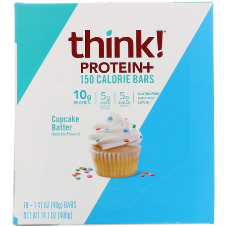 ThinkThin, Protein+ 150 Calorie Bars, Cupcake Batter, 10 Bars, 1.41 oz (40 g) Each:قضبان بر,تين الص,يا, قضبان بر,تين مصل اللبن