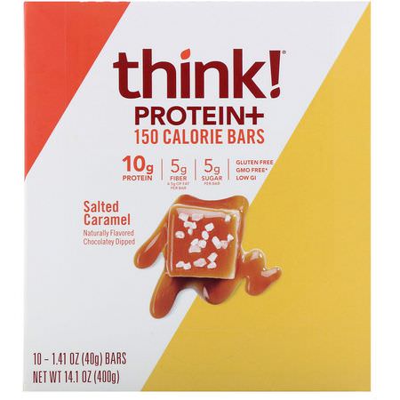 ThinkThin, Protein+ 150 Calorie Bars, Salted Caramel, 10 Bars, 1.41 oz (40 g) Each:أل,اح بر,تين الص,يا, قضبان بر,تين مصل اللبن