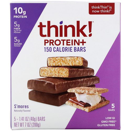 ThinkThin, Protein+ 150 Calorie Bars, Smore's, 5 Bars, 1.41 oz (40 g) Each فوائد