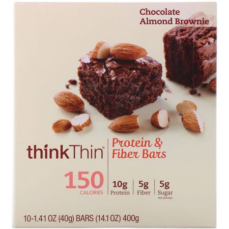ThinkThin, Protein & Fiber Bars, Chocolate Almond Brownie, 10 Bars, 1.41 oz (40 g) Each:أشرطة بر,تين مصل اللبن, قضبان بر,تين الص,يا