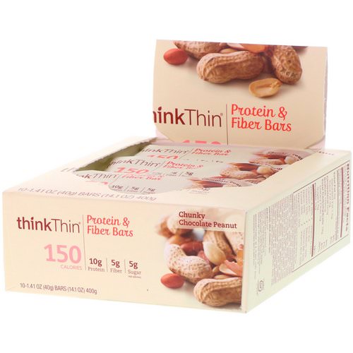 ThinkThin, Protein & Fiber Bars, Chunky Chocolate Peanut, 10 Bars, 1.41 oz (40 g) Each فوائد