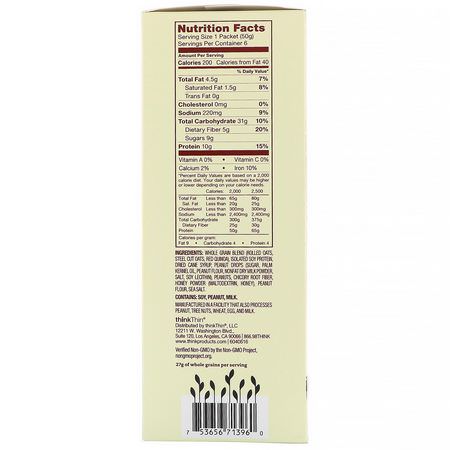 ThinkThin, Protein & Fiber Hot Oatmeal, Honey Peanut Butter, 6 Packets, 1.76 oz (50 g ) Each:الش,فان, الش,فان