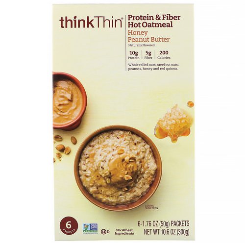 ThinkThin, Protein & Fiber Hot Oatmeal, Honey Peanut Butter, 6 Packets, 1.76 oz (50 g ) Each فوائد