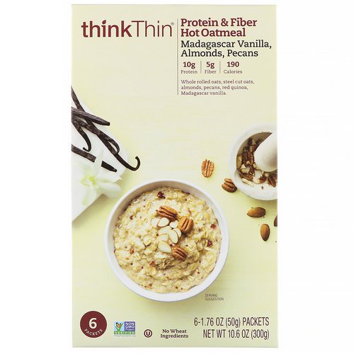 ThinkThin, Protein & Fiber Hot Oatmeal, Madagascar Vanilla, Almonds, Pecans, 6 Packets, 1.76 oz (50 g ) Each فوائد