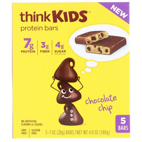 ThinkThin, ThinkKids, Protein Bars, Chocolate Chip, 5 Bars, 1 oz (28 g) Each فوائد