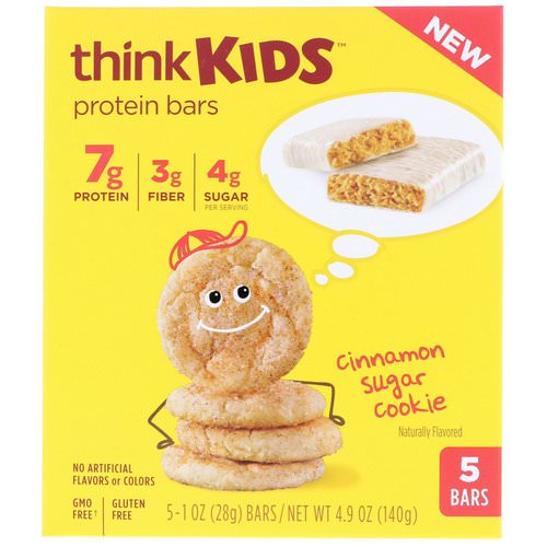ThinkThin, ThinkKids, Protein Bars, Cinnamon Sugar Cookie, 5 Bars, 1 oz (28 g) Each فوائد