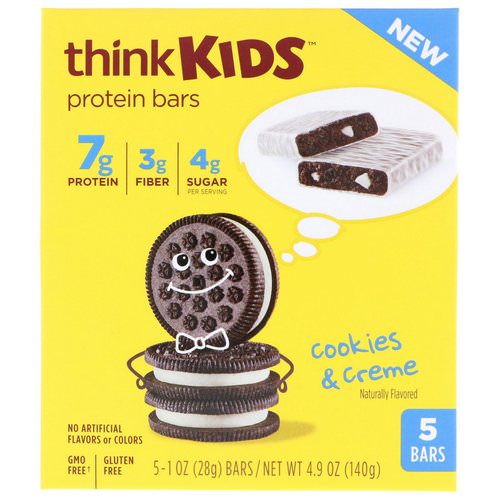 ThinkThin, ThinkKids, Protein Bars, Cookies & Creme, 5 Bars, 1 oz (28 g) Each فوائد