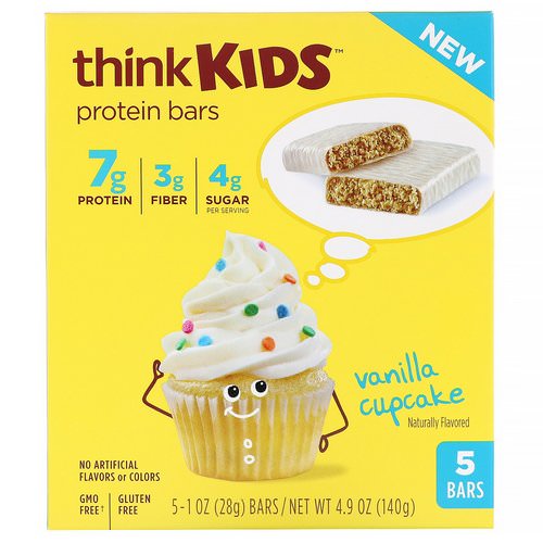ThinkThin, ThinkKids, Protein Bars, Vanilla Cupcake, 5 Bars, 1 oz (28 g ) Each فوائد