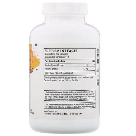 Thorne Research, Betaine HCL & Pepsin, 225 Capsules:Betaine HCL TMG, الهضم