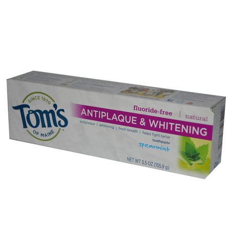 Tom's of Maine, Antiplaque & Whitening, Fluoride-Free Toothpaste, Spearmint, 5.5 oz (155.9 g):تبييض, خالٍ من الفل,ريد
