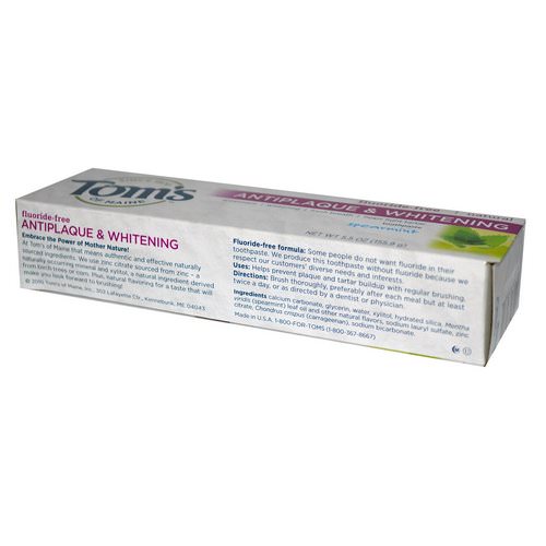 Tom's of Maine, Antiplaque & Whitening, Fluoride-Free Toothpaste, Spearmint, 5.5 oz (155.9 g) فوائد
