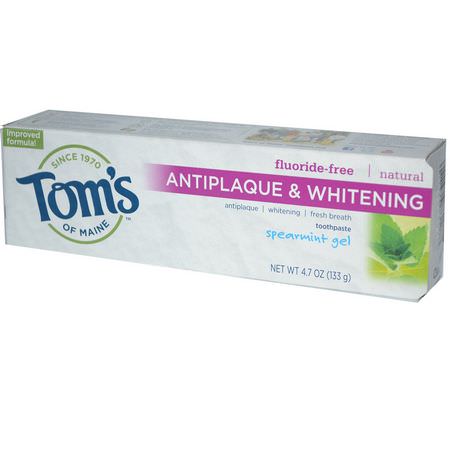 Tom's of Maine, Antiplaque & Whitening, Fluoride-Free Toothpaste, Spearmint Gel, 4.7 oz (133 g):تبييض, خالٍ من الفل,ريد