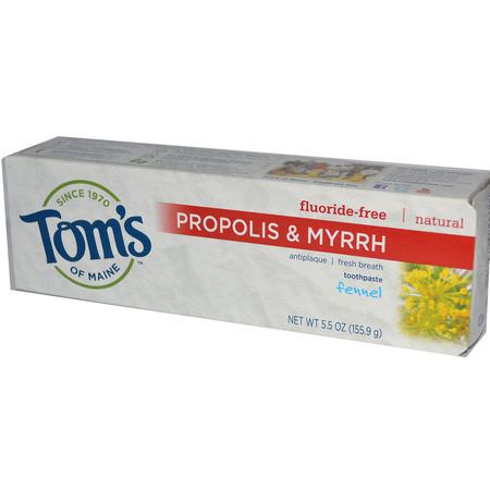 Tom's of Maine, Natural Antiplaque, Propolis & Myrrh Toothpaste, Fluoride-Free, Fennel, 5.5 oz (155.9 g):الفلورايد مجانا, معج,ن الأسنان