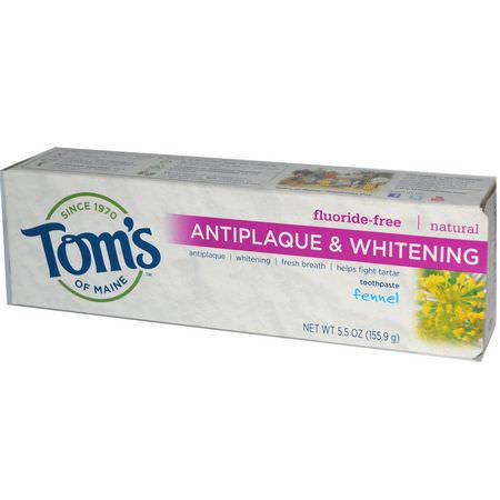 Tom's of Maine, Natural Antiplaque & Whitening Toothpaste, Fluoride-Free, Fennel, 5.5 oz (155.9 g):تبييض, خالٍ من الفل,رايد